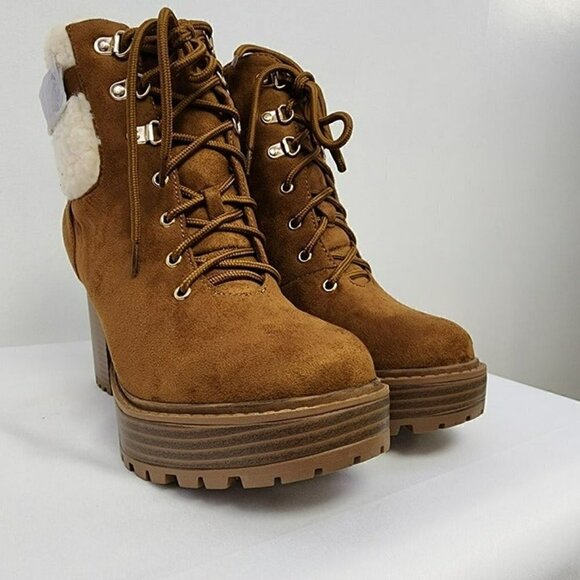 Brown Faux Suede Shearling Cuff Lug Sole Booties 7.5 - Picture 12 of 12